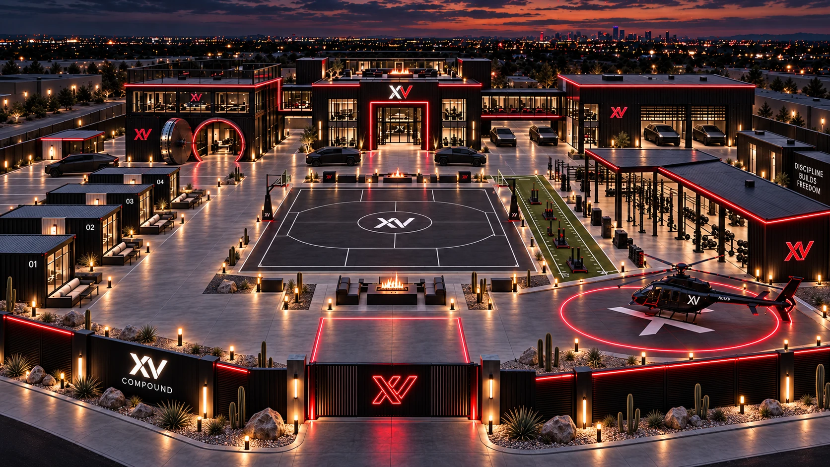 Selected full XV Compound campus design with guest homes, court and outdoor training